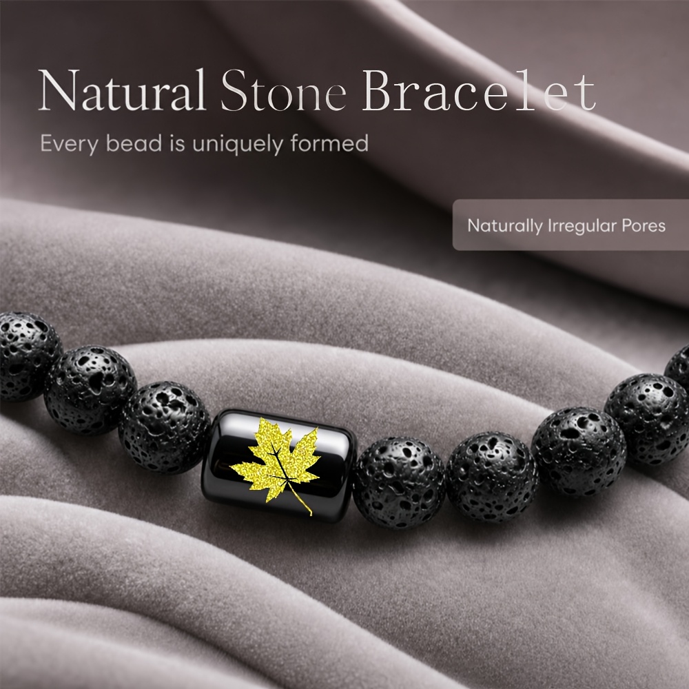 Women's Natural Stone Beaded Bracelet with Golden Leaf Accent